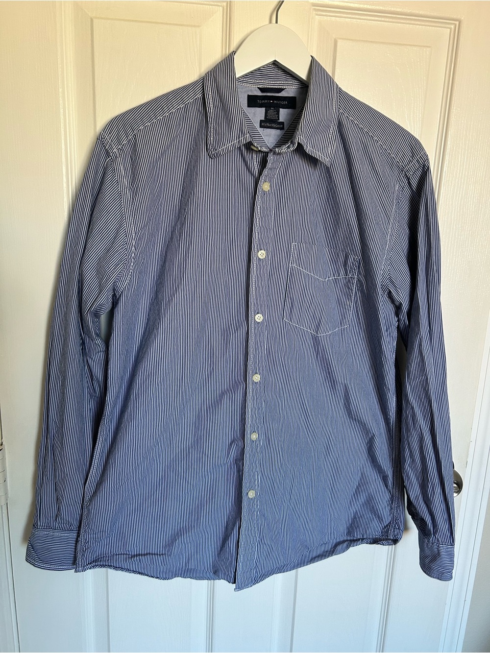 Tommy Hilfiger Men's Navy and White Pinstripe Dress Shirt